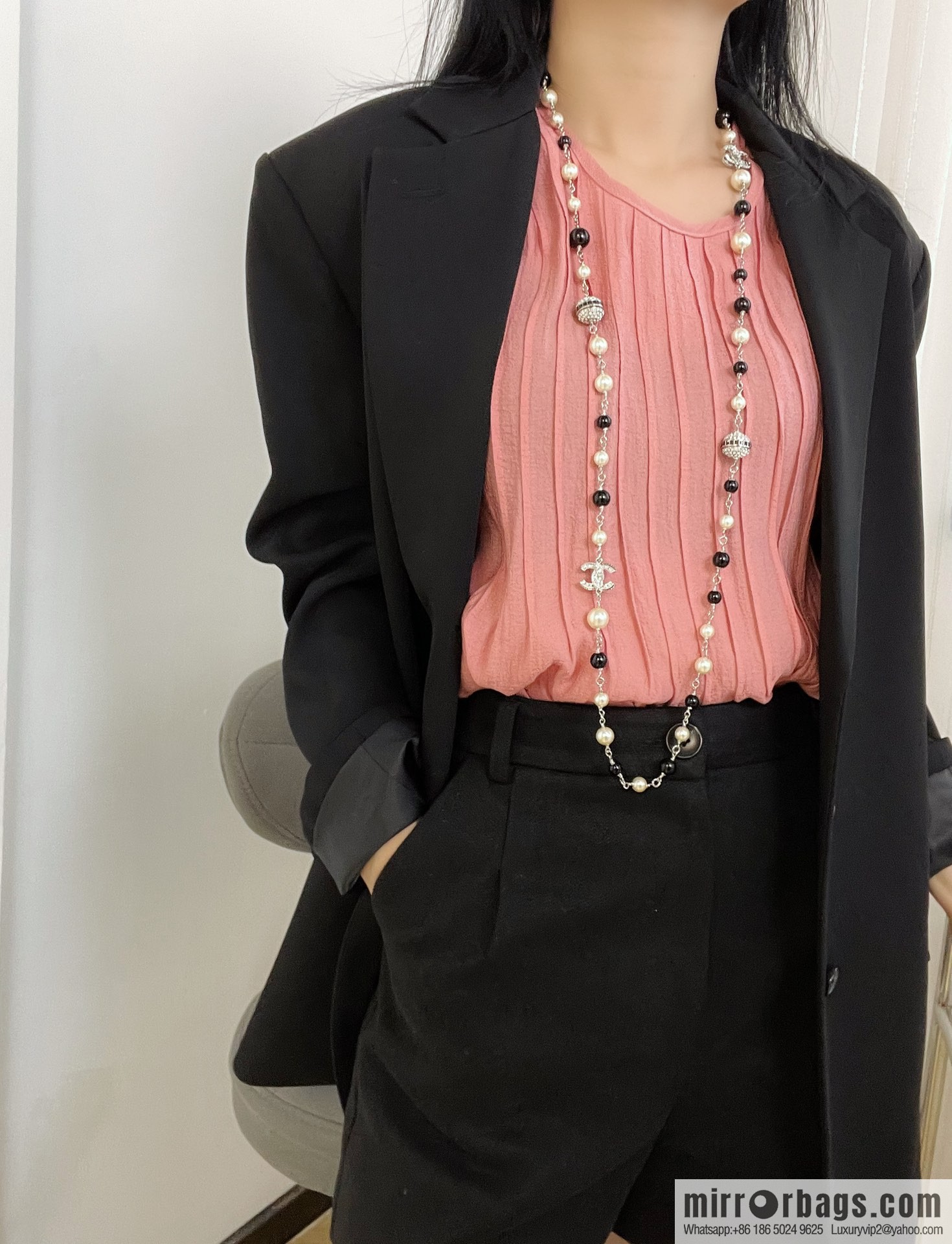 New ☑️ Chanel Double C Saturn Black Pearl Necklace Sweater Chain