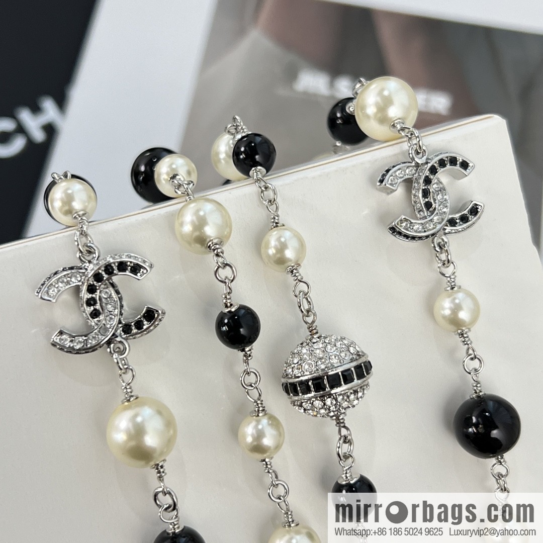 New ☑️ Chanel Double C Saturn Black Pearl Necklace Sweater Chain