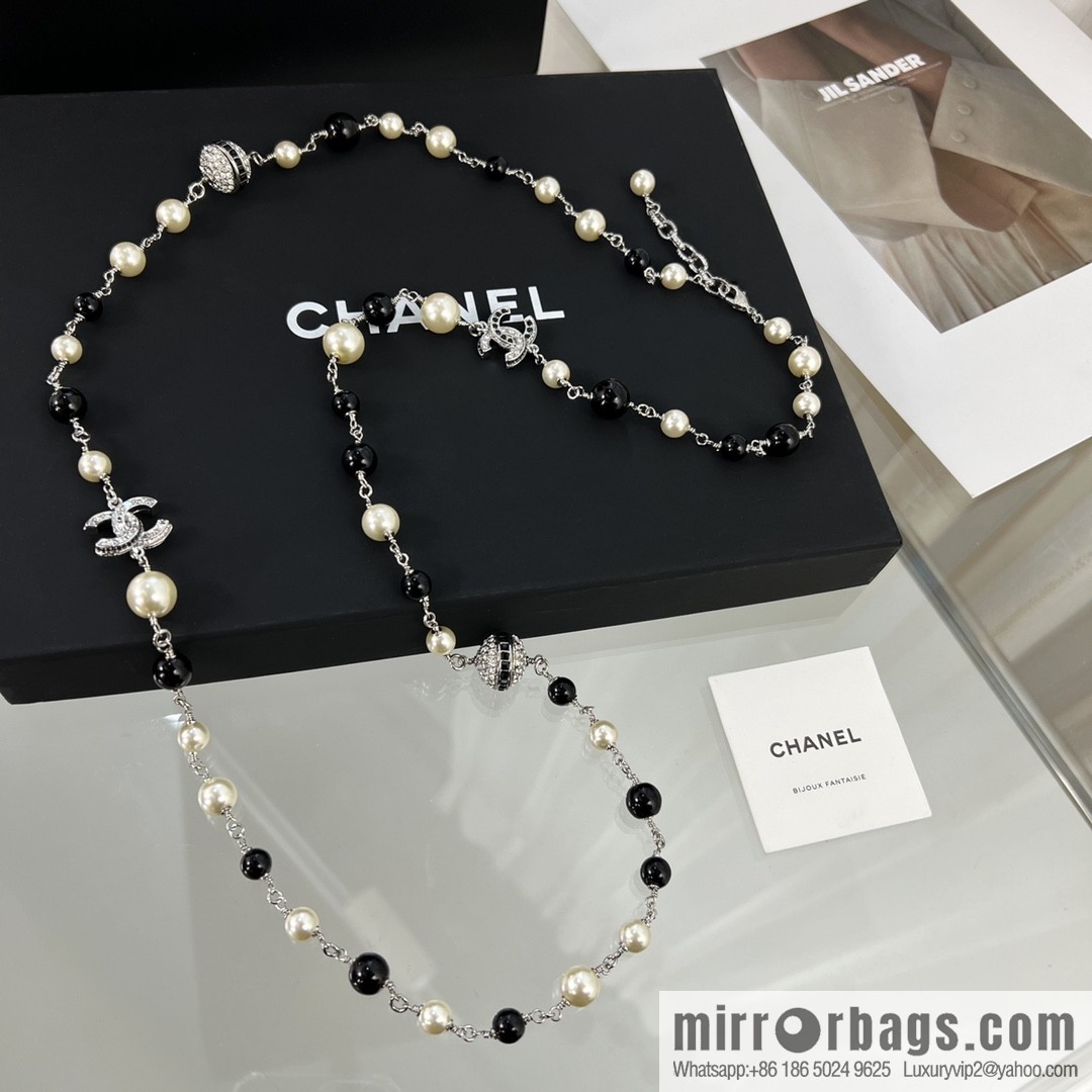 New ☑️ Chanel Double C Saturn Black Pearl Necklace Sweater Chain