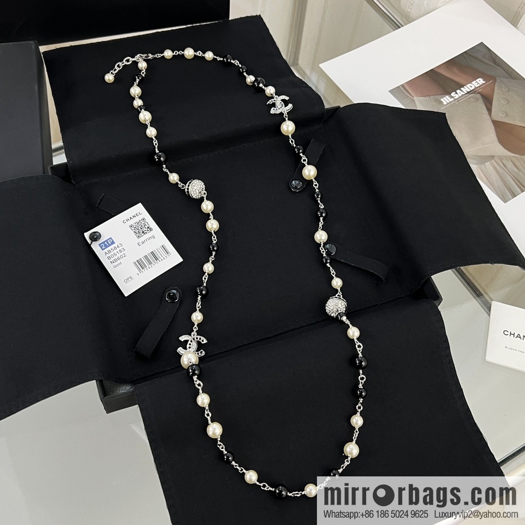 New ☑️ Chanel Double C Saturn Black Pearl Necklace Sweater Chain