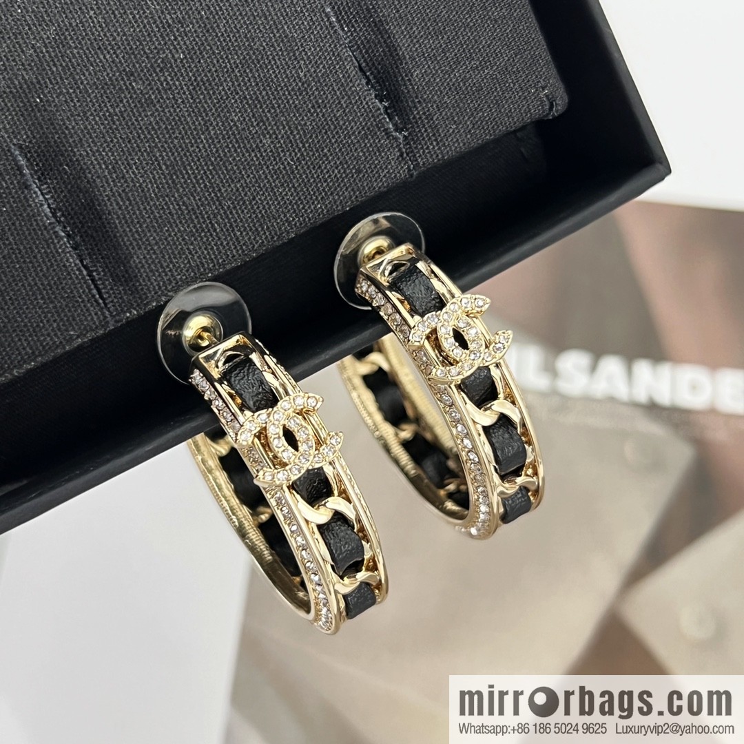 New ☑️ Chanel double c black leather rope stud earrings