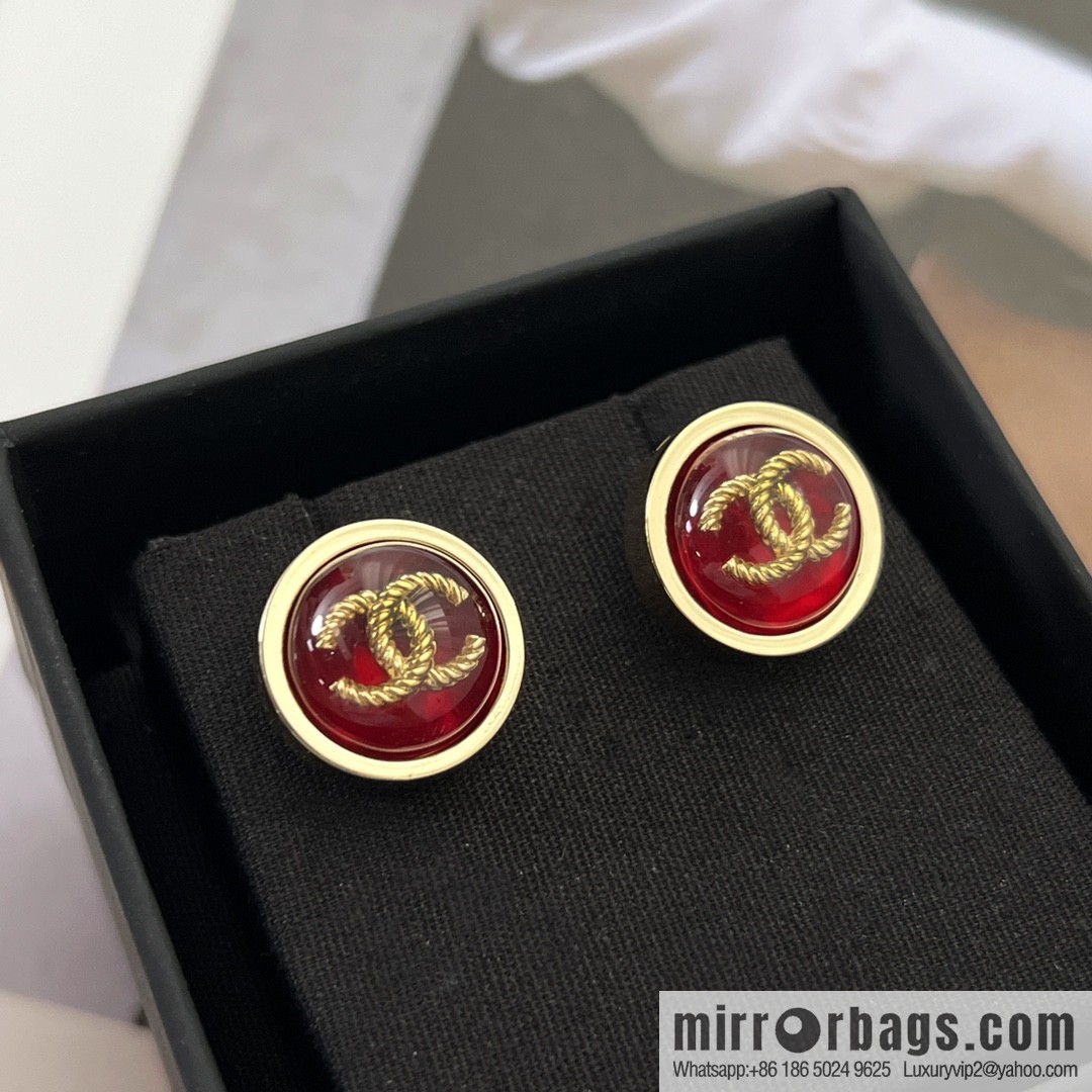 New ☑️ Chanel double c round red stud earrings