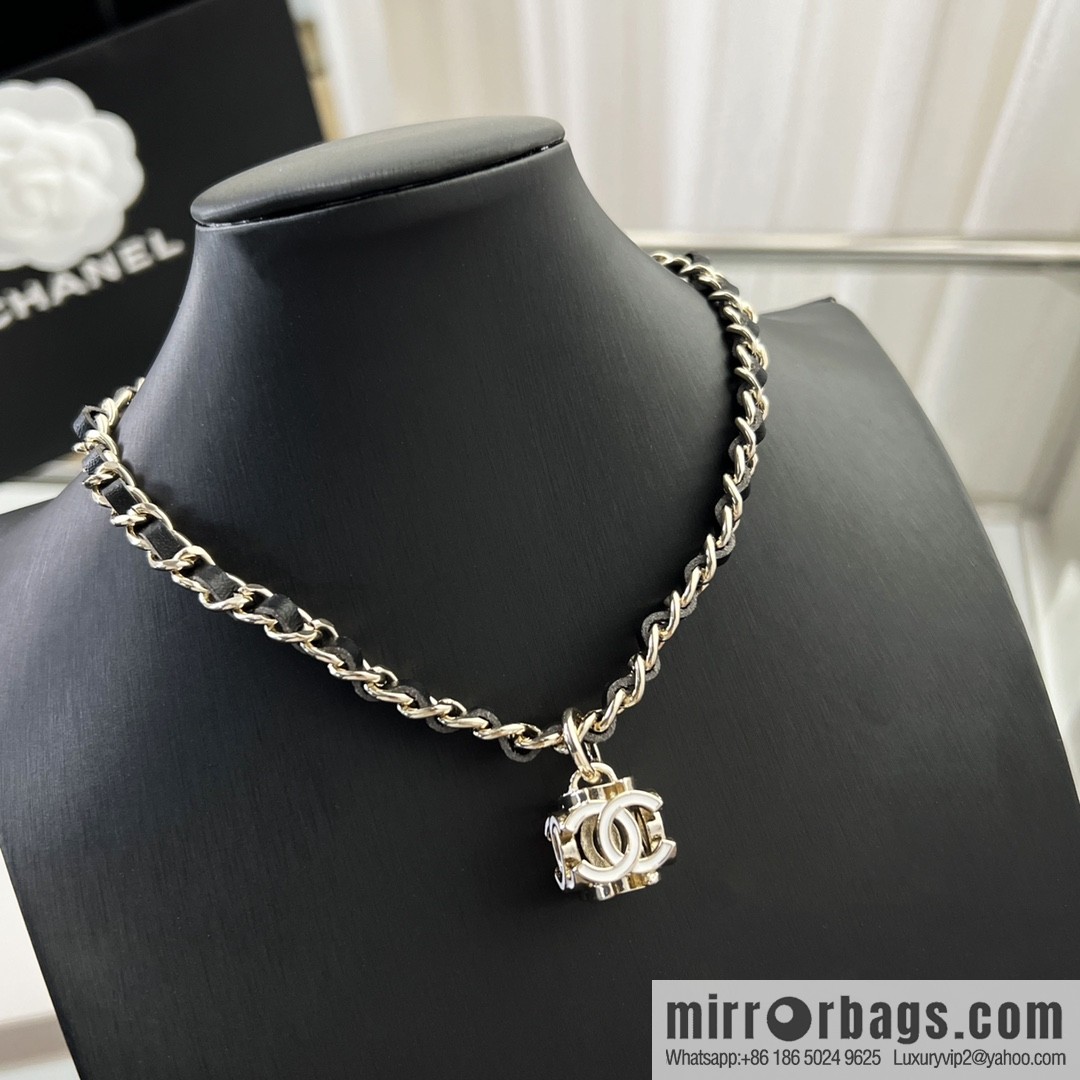 New ☑️ Chanel double c square black leather rope necklace