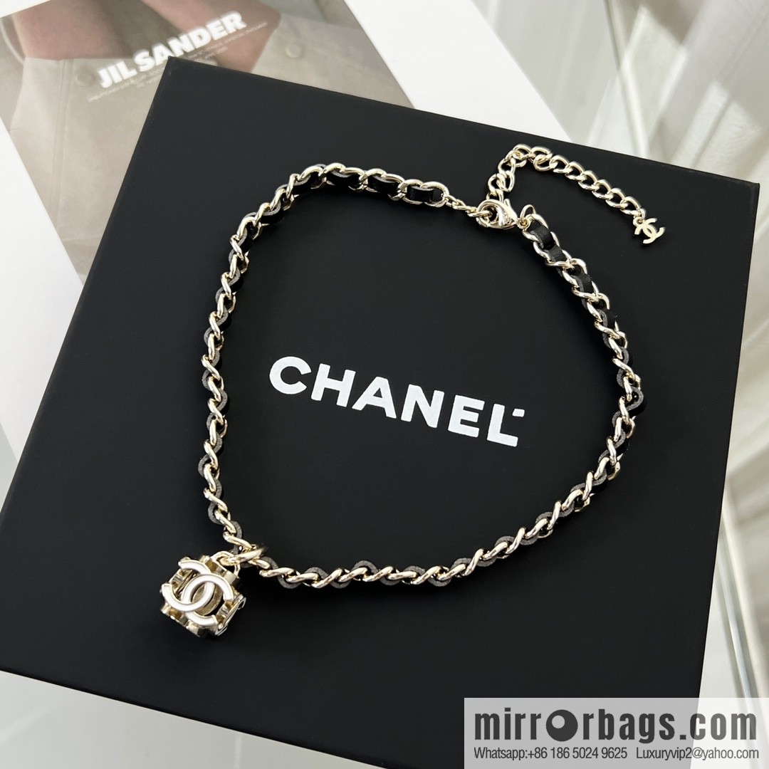 New ☑️ Chanel double c square black leather rope necklace