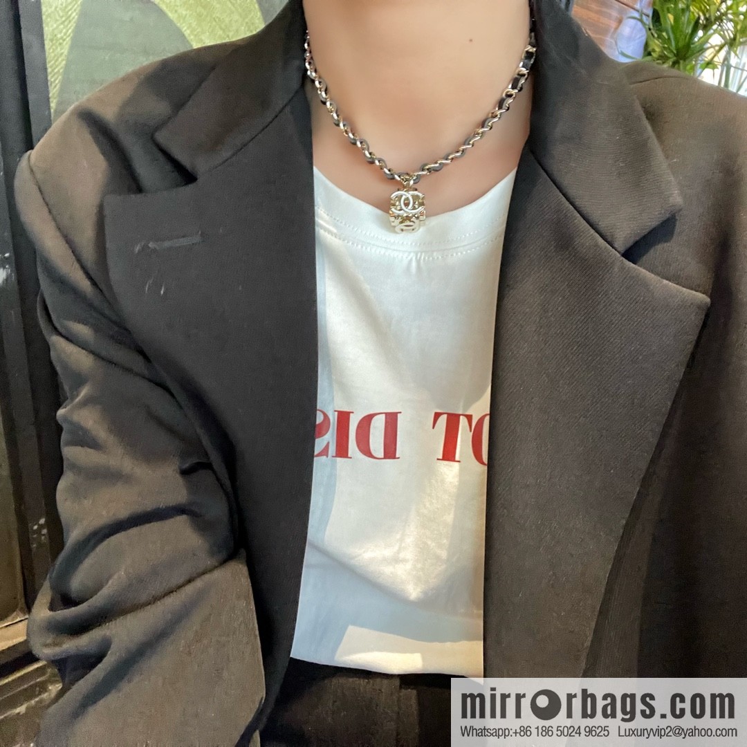 New ☑️ Chanel double c square black leather rope necklace