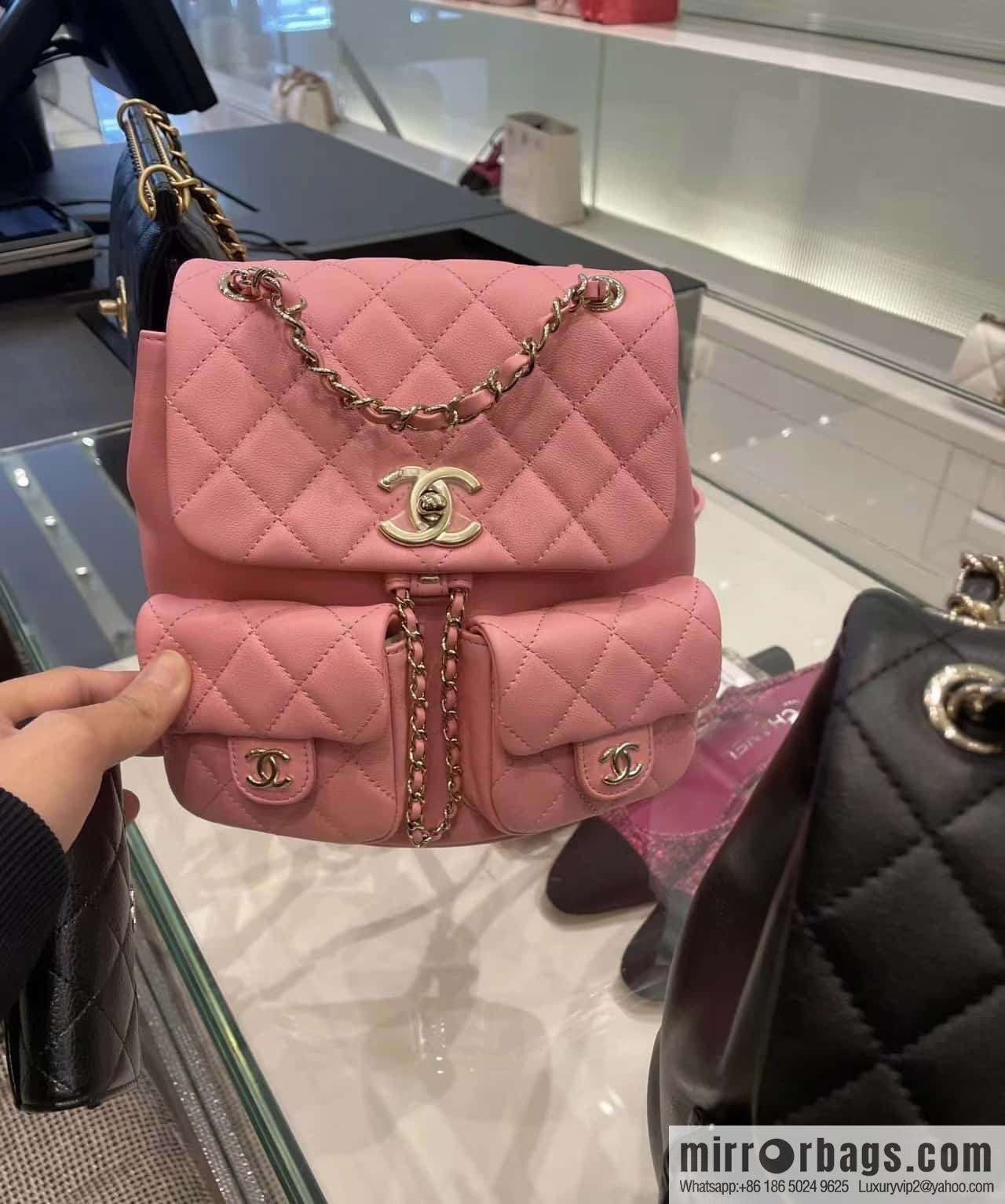 CHANEL 23P spring and summer trailer series, plain weave duma double backpack AS3860 pink