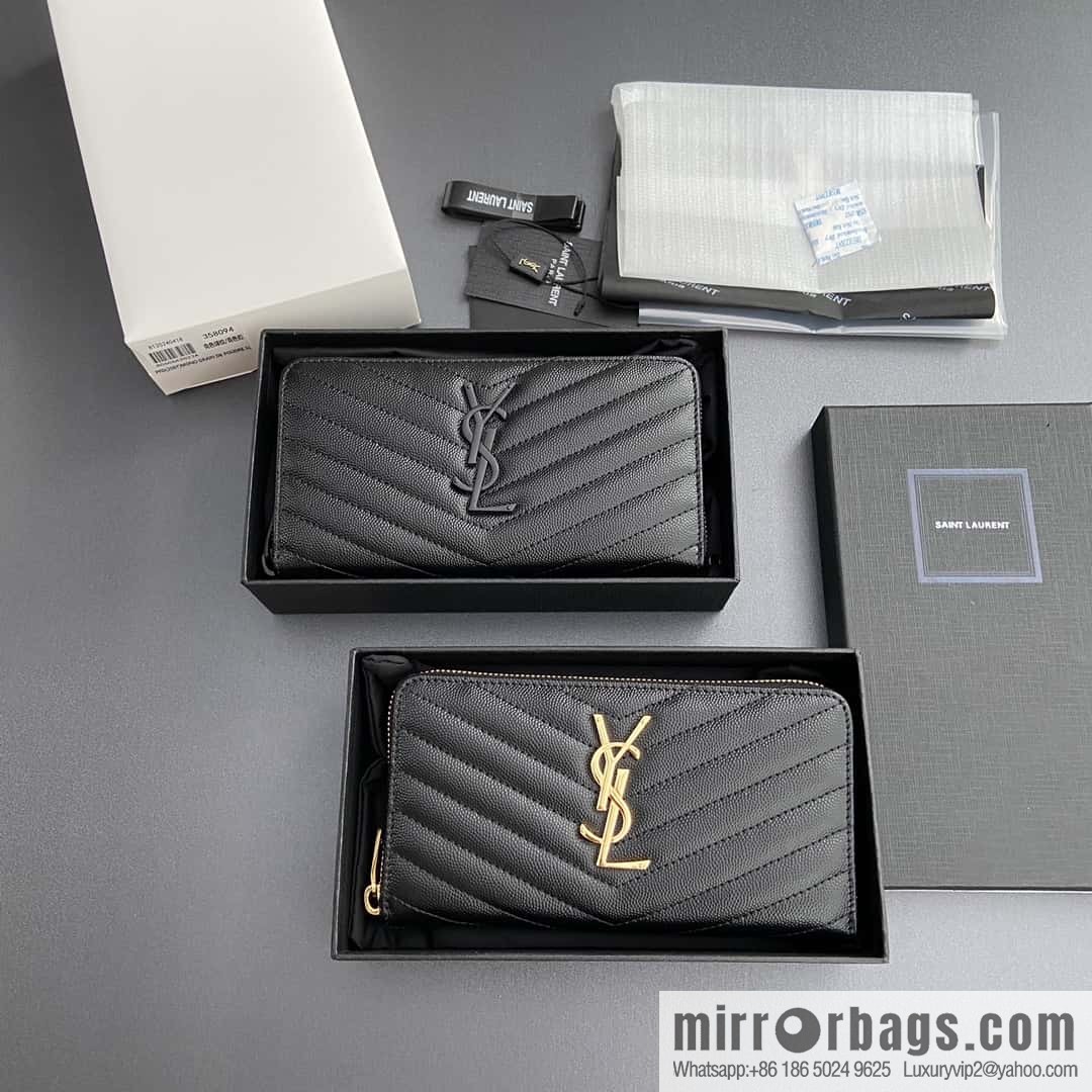 YSL MATELASSE flip grain embossed leather (fabric) wrap around zipper wallet 358094