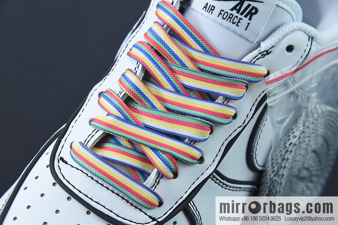 Nike Air Force 1 AF1 Air Force One/Low Top, White and Black, Rainbow Shoelace 3M Reflective Edition Item Number: GU6936-599