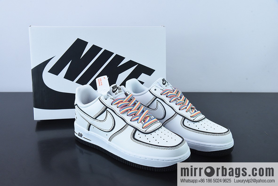 Nike Air Force 1 AF1 Air Force One/Low Top, White and Black, Rainbow Shoelace 3M Reflective Edition Item Number: GU6936-599