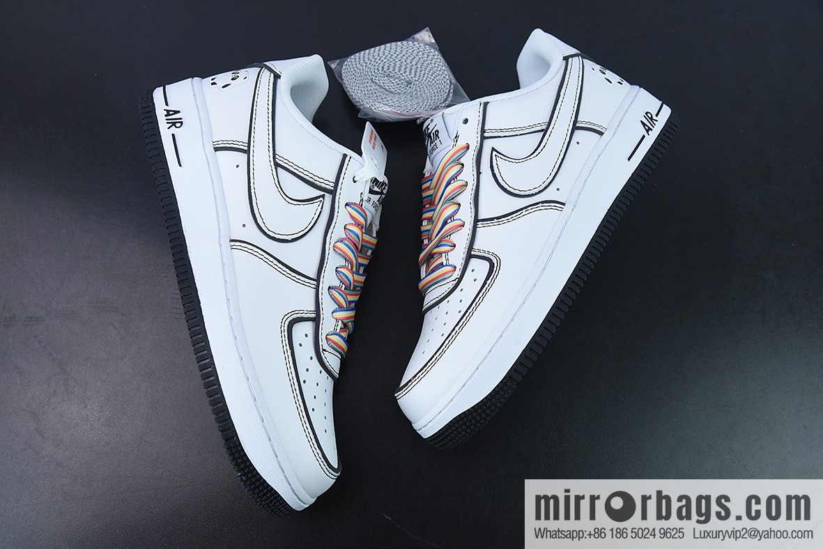 Nike Air Force 1 AF1 Air Force One/Low Top, White and Black, Rainbow Shoelace 3M Reflective Edition Item Number: GU6936-599