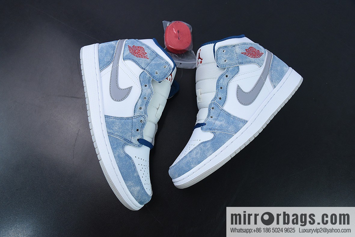 Air Jordan 1 Mid AJ1 white blue, mints, washed blue, medium top basketball shoes item number: DN3706-401
