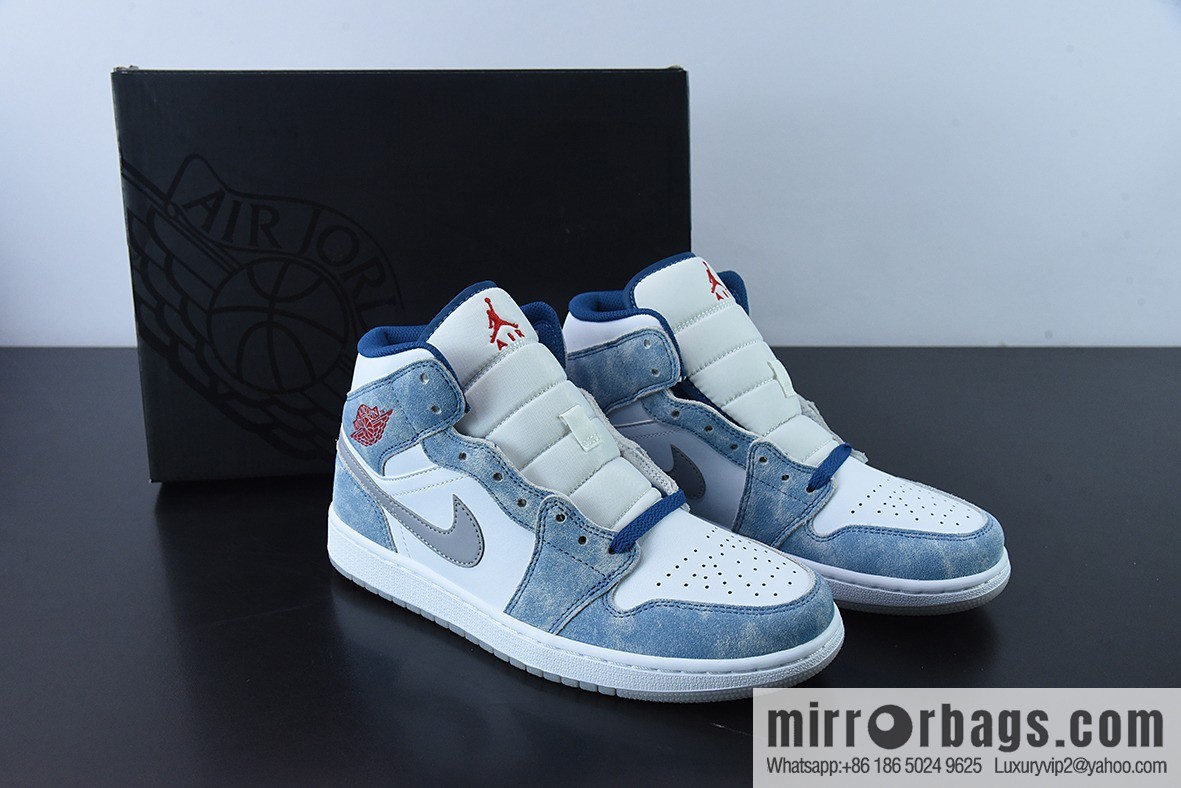 Air Jordan 1 Mid AJ1 white blue, mints, washed blue, medium top basketball shoes item number: DN3706-401