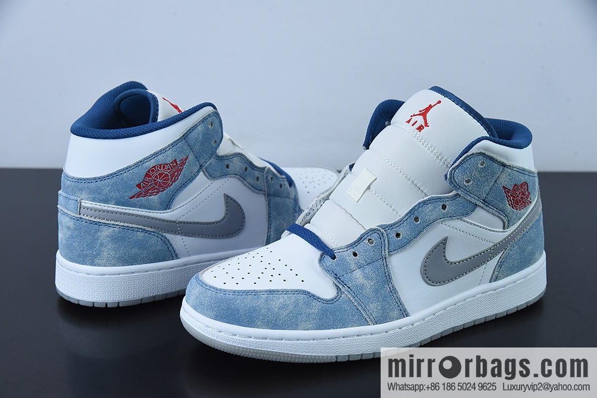 Air Jordan 1 Mid AJ1 white blue, mints, washed blue, medium top basketball shoes item number: DN3706-401