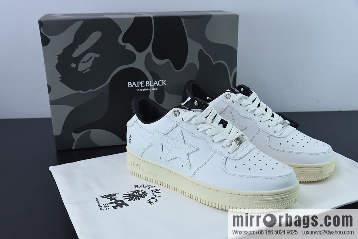 Bape Black Sta To Low Ape Head High End Branch Low Top Sports Casual Board Shoes, White and Black