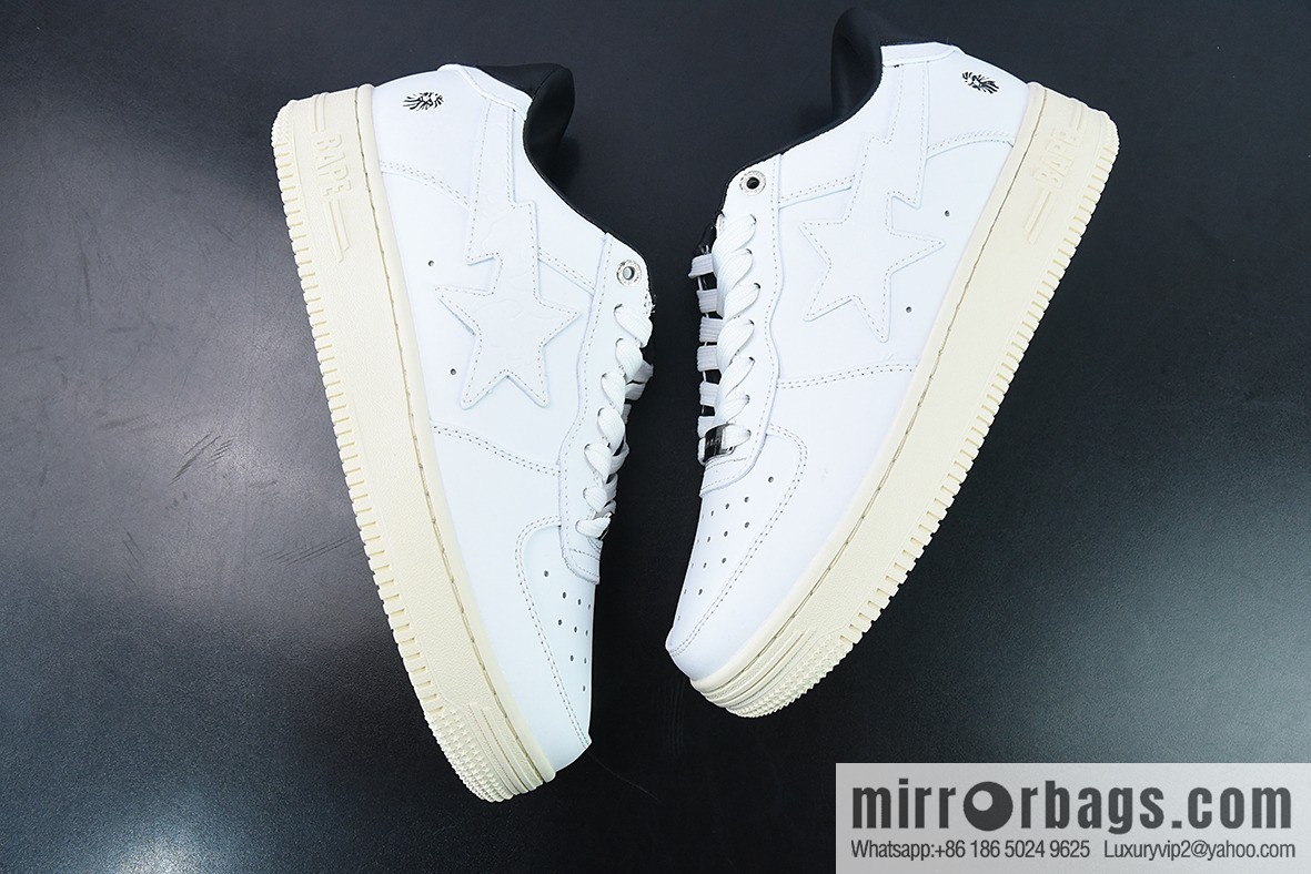 Bape Black Sta To Low Ape Head High End Branch Low Top Sports Casual Board Shoes, White and Black