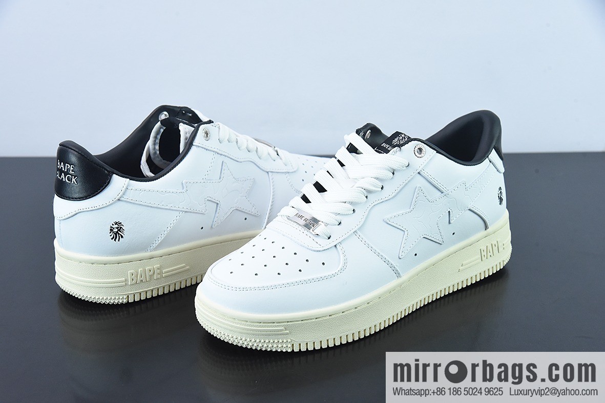 Bape Black Sta To Low Ape Head High End Branch Low Top Sports Casual Board Shoes, White and Black