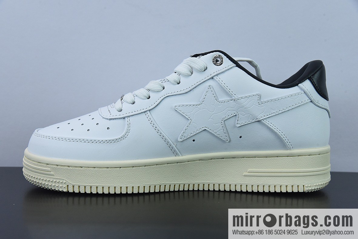 Bape Black Sta To Low Ape Head High End Branch Low Top Sports Casual Board Shoes, White and Black