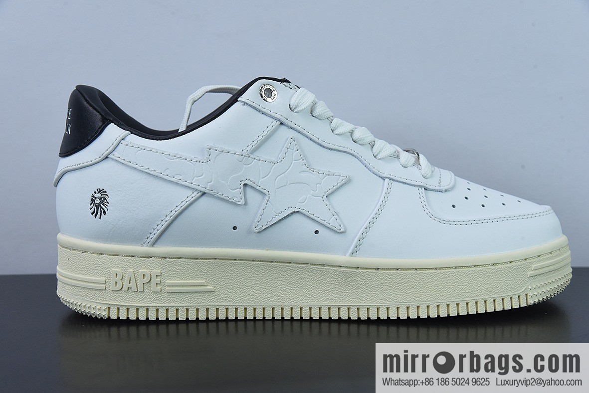 Bape Black Sta To Low Ape Head High End Branch Low Top Sports Casual Board Shoes, White and Black