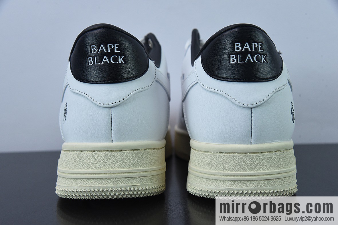 Bape Black Sta To Low Ape Head High End Branch Low Top Sports Casual Board Shoes, White and Black