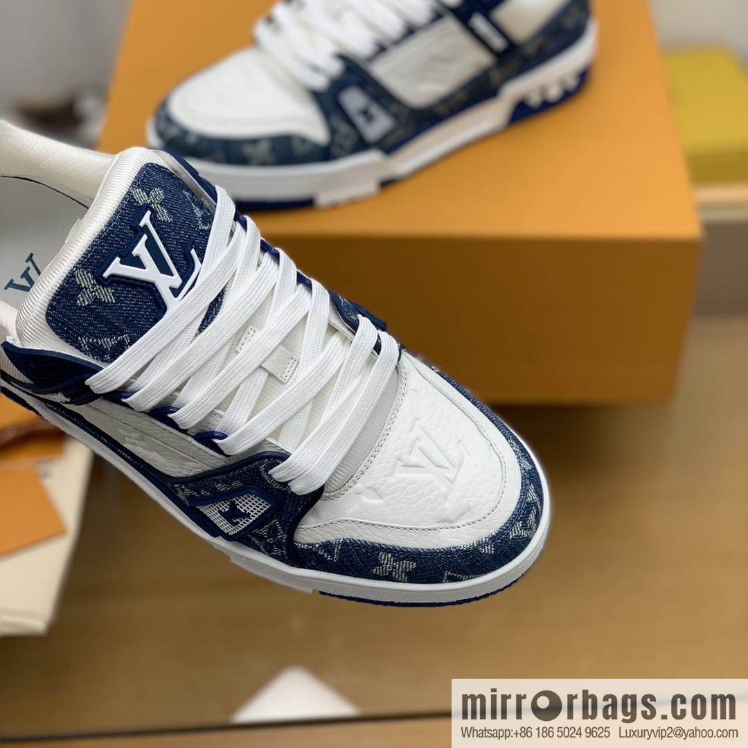 LV/Louis Vuitton His & Hers running shoes with black denim patchwork and white leather