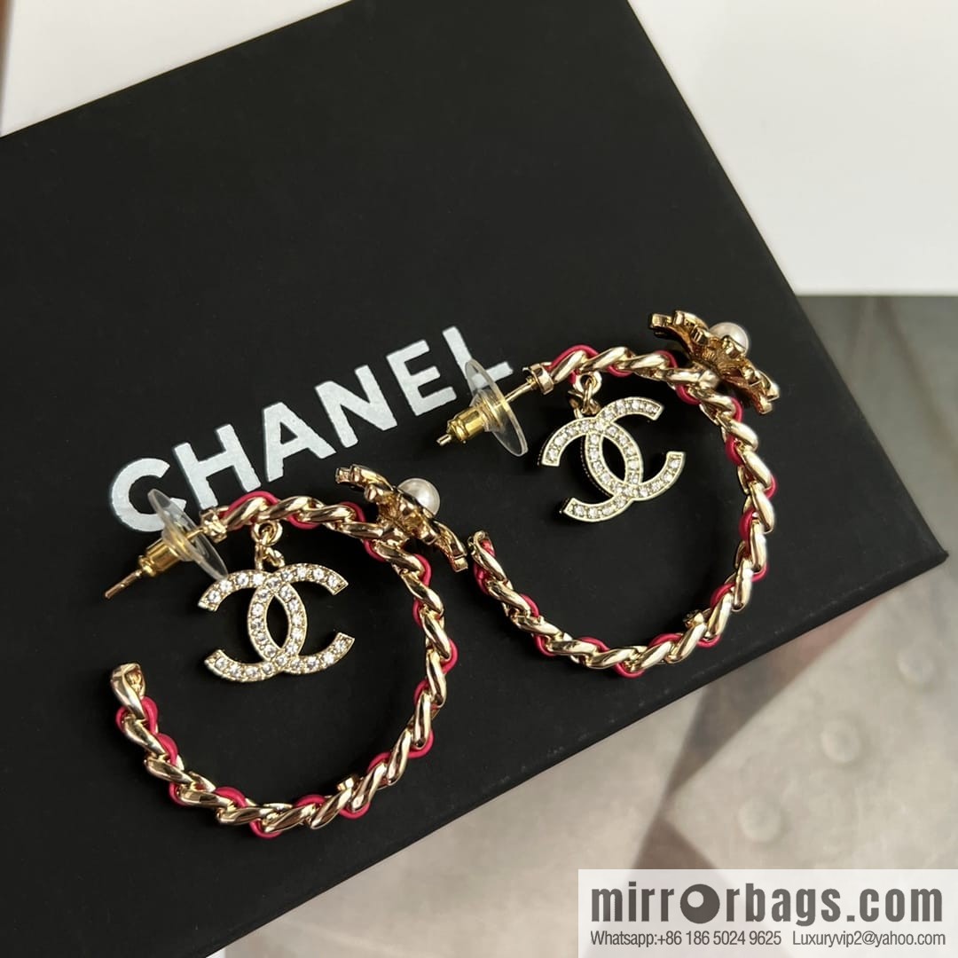 New ☑️ Chanel double c semi-round red leather rope stud earrings
