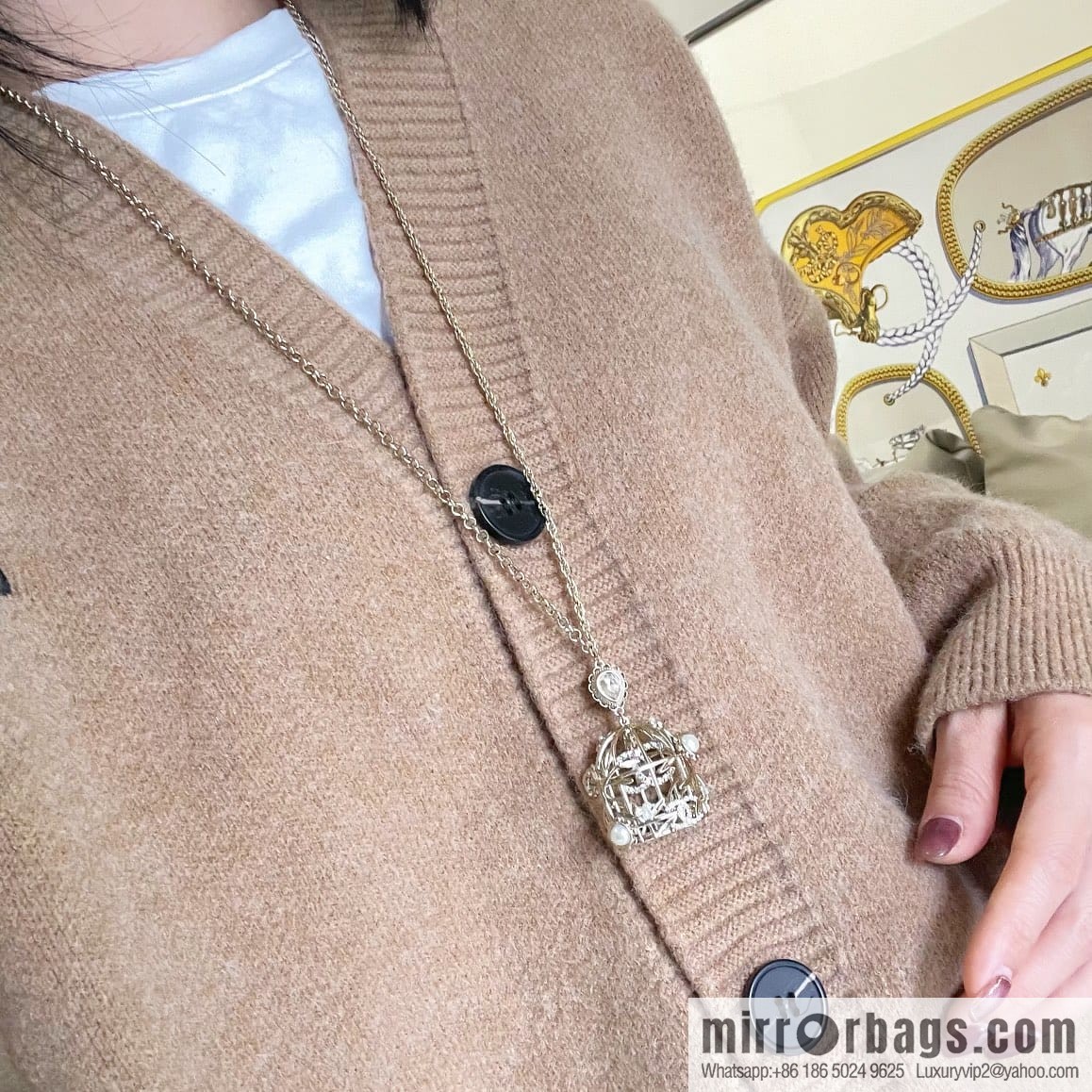 New ☑️ Chanel double c colored treasure bird cage necklace sweater chain