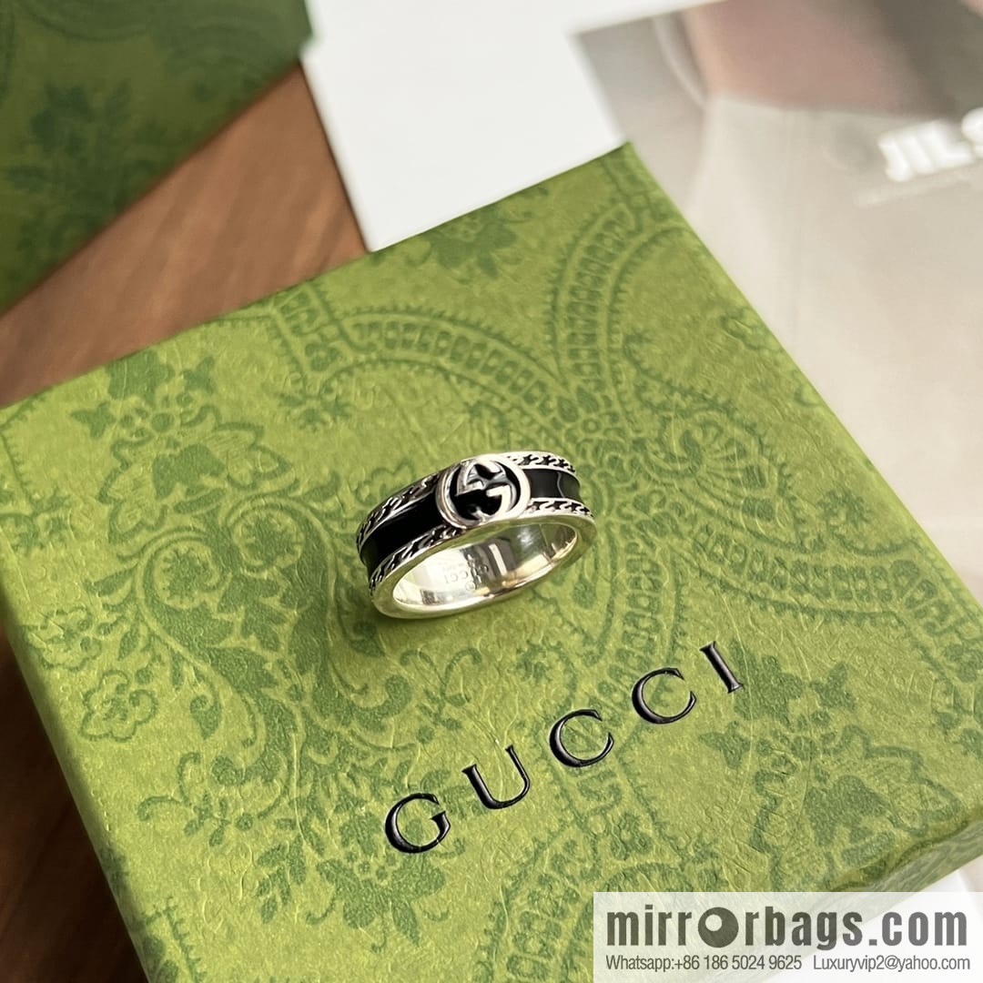 New Gucci Gucci His & Hers wide version narrow version double G black enamel ring
