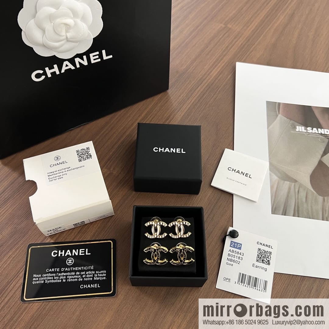New ☑️ Chanel c1 double c white wavy black gold edge stud earrings