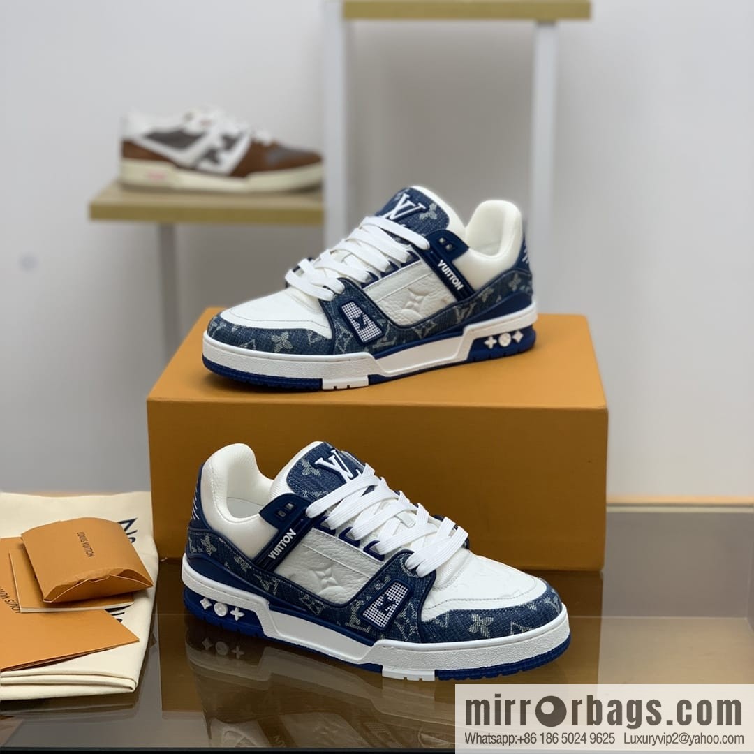 LV/Louis Vuitton His & Hers running shoes made of blue denim patchwork and white leather