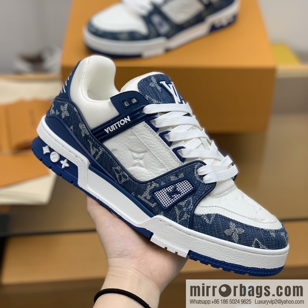 LV/Louis Vuitton His & Hers running shoes made of blue denim patchwork and white leather