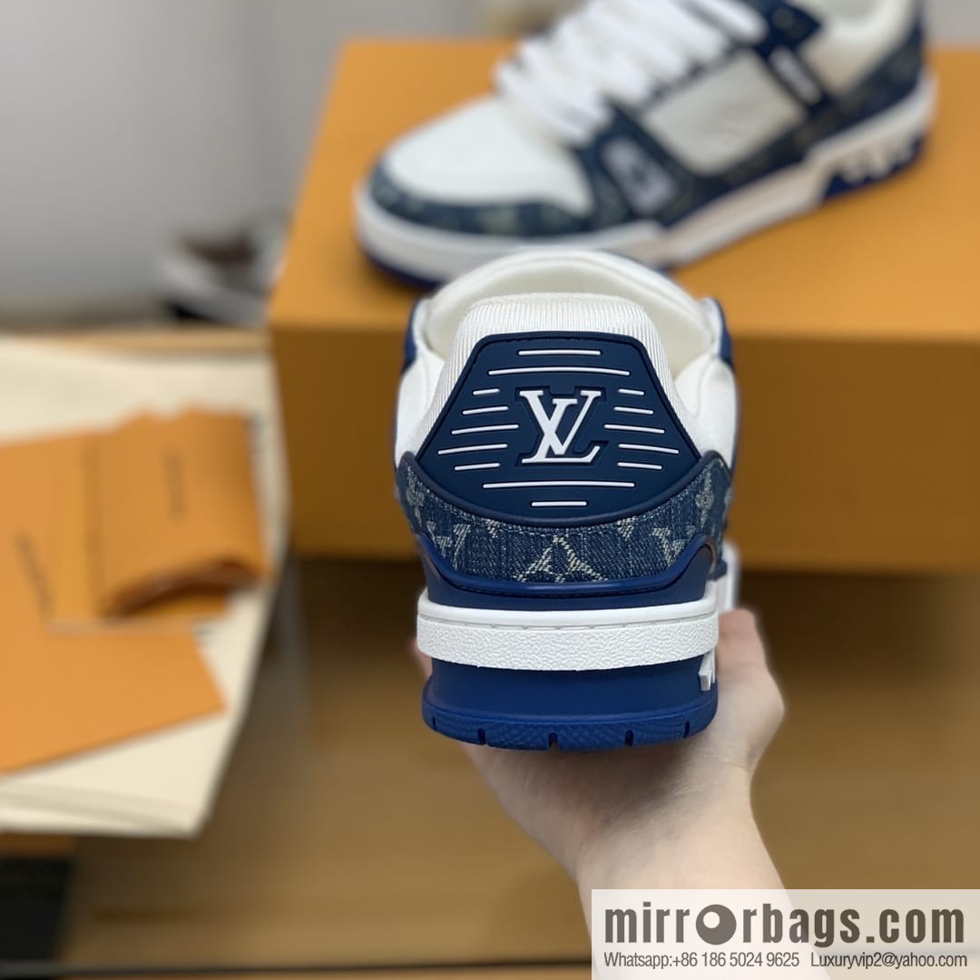 LV/Louis Vuitton His & Hers running shoes made of blue denim patchwork and white leather