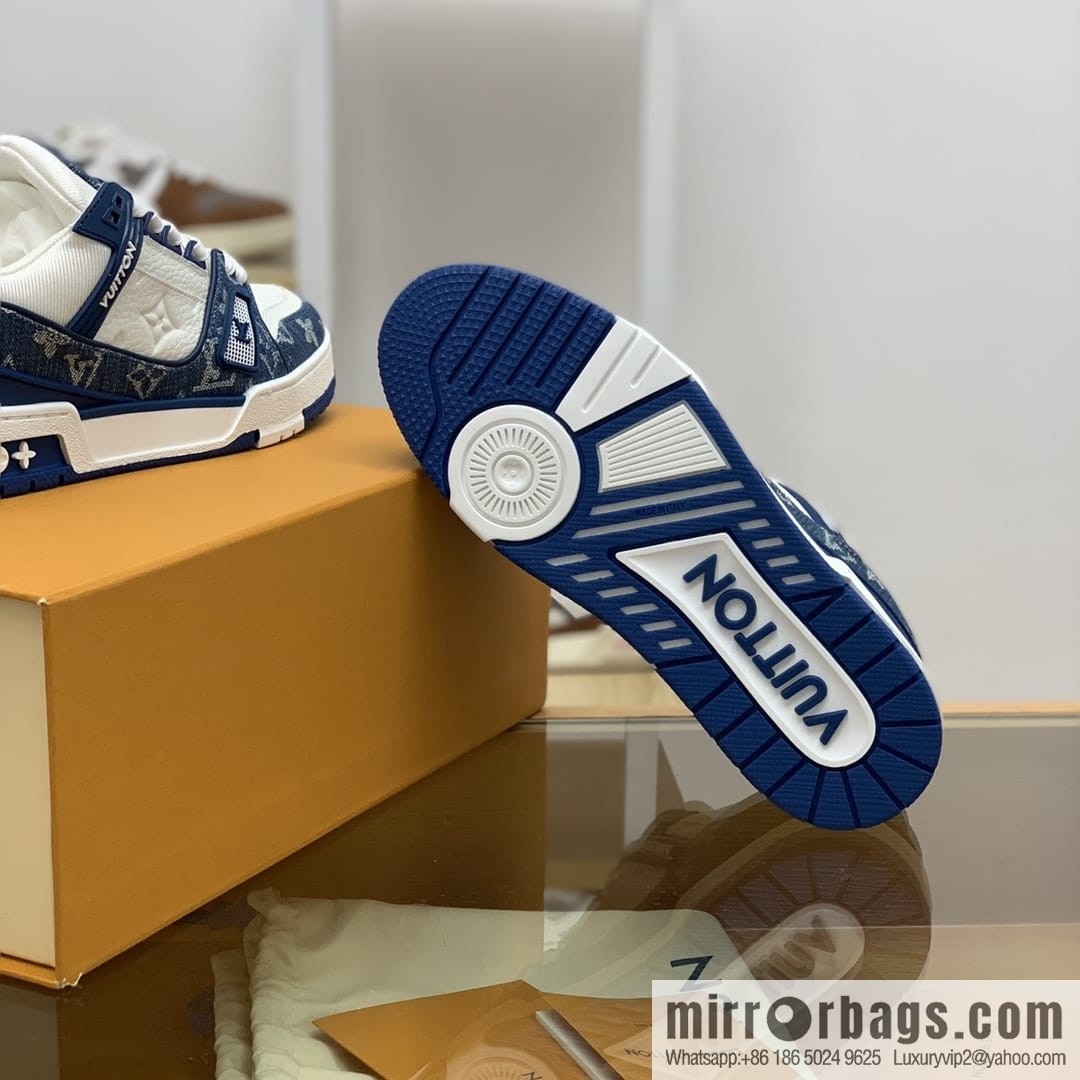 LV/Louis Vuitton His & Hers running shoes made of blue denim patchwork and white leather