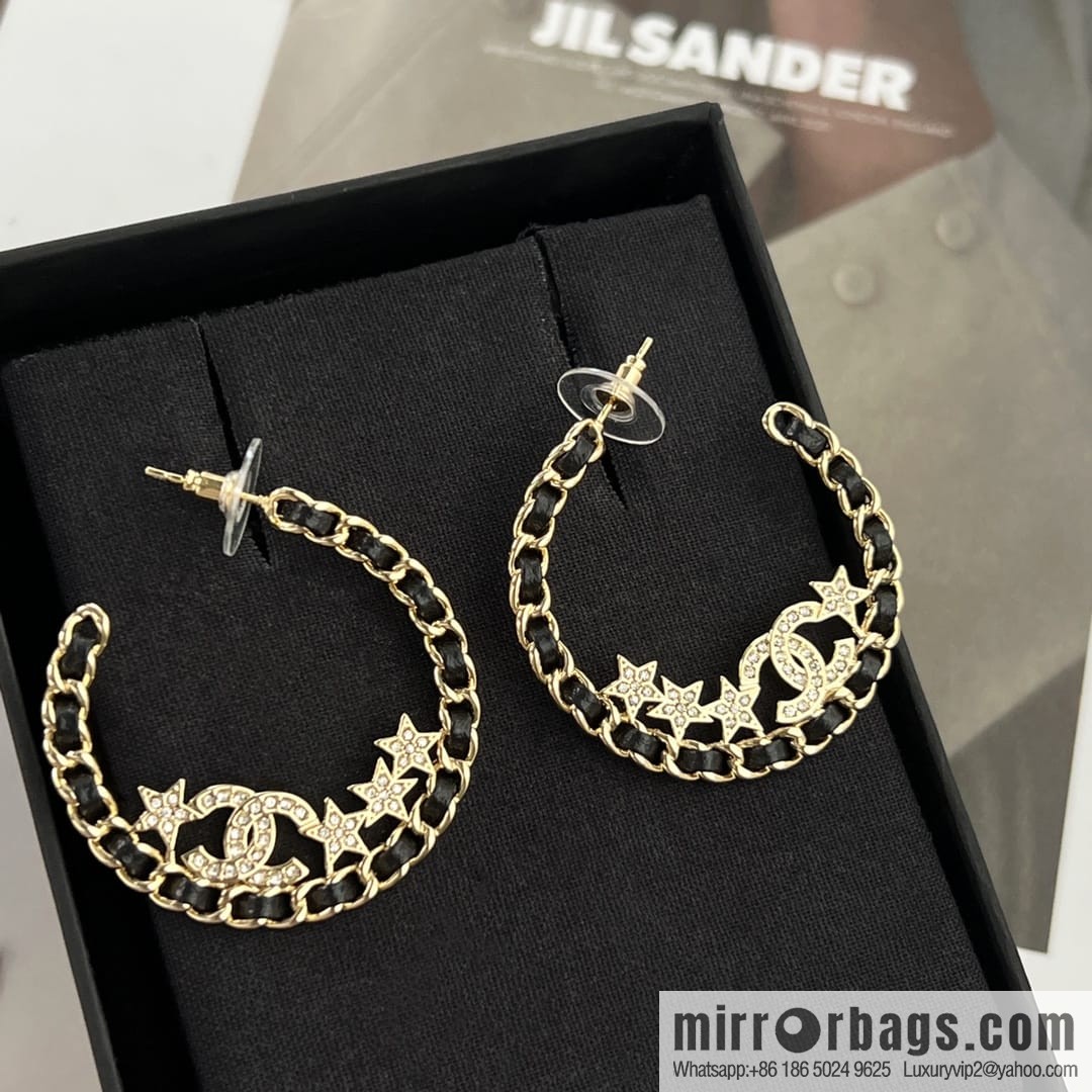 New ☑️ Chanel semi-round double c black leather rope star stud earrings