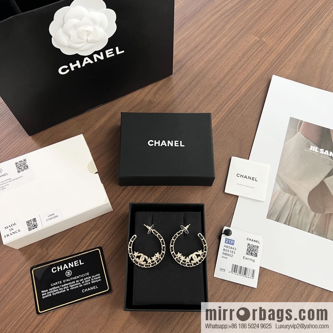 New ☑️ Chanel semi-round double c black leather rope star stud earrings