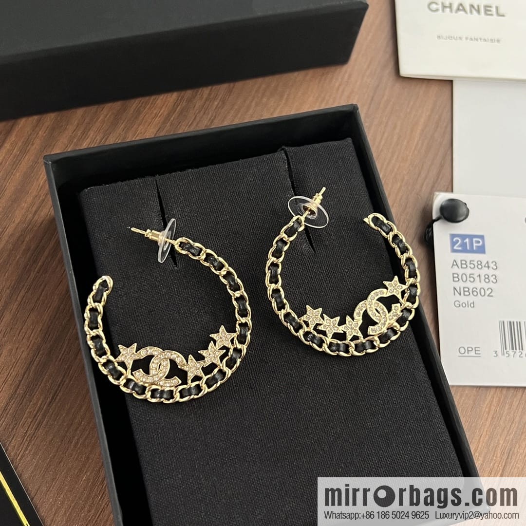New ☑️ Chanel semi-round double c black leather rope star stud earrings