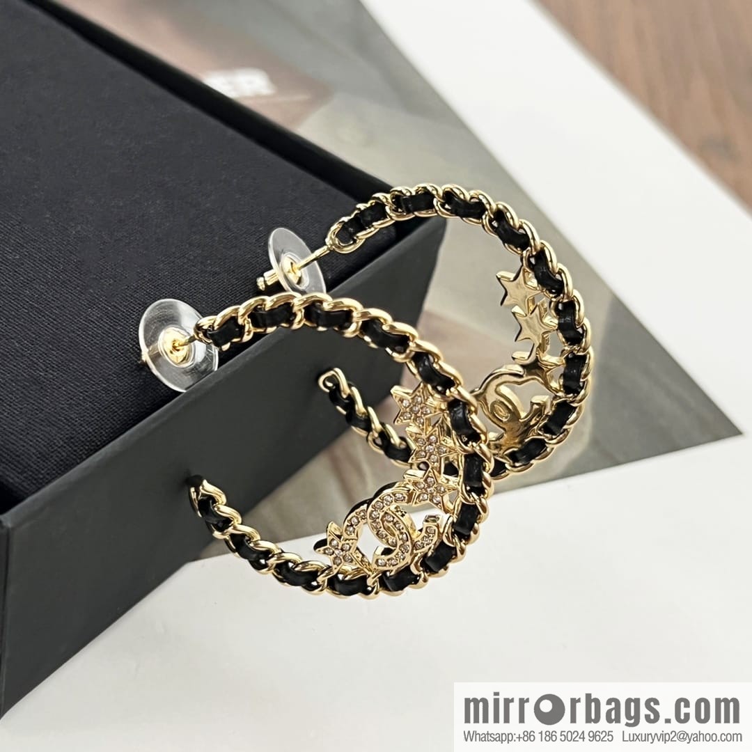 New ☑️ Chanel semi-round double c black leather rope star stud earrings