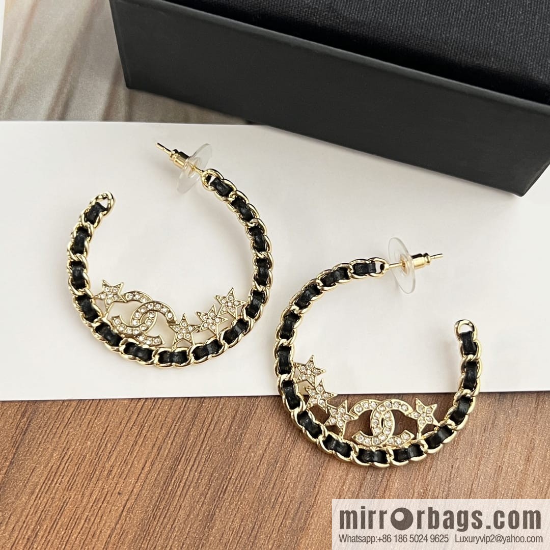New ☑️ Chanel semi-round double c black leather rope star stud earrings
