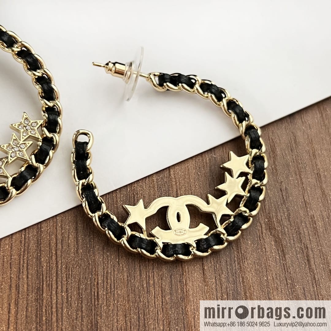 New ☑️ Chanel semi-round double c black leather rope star stud earrings