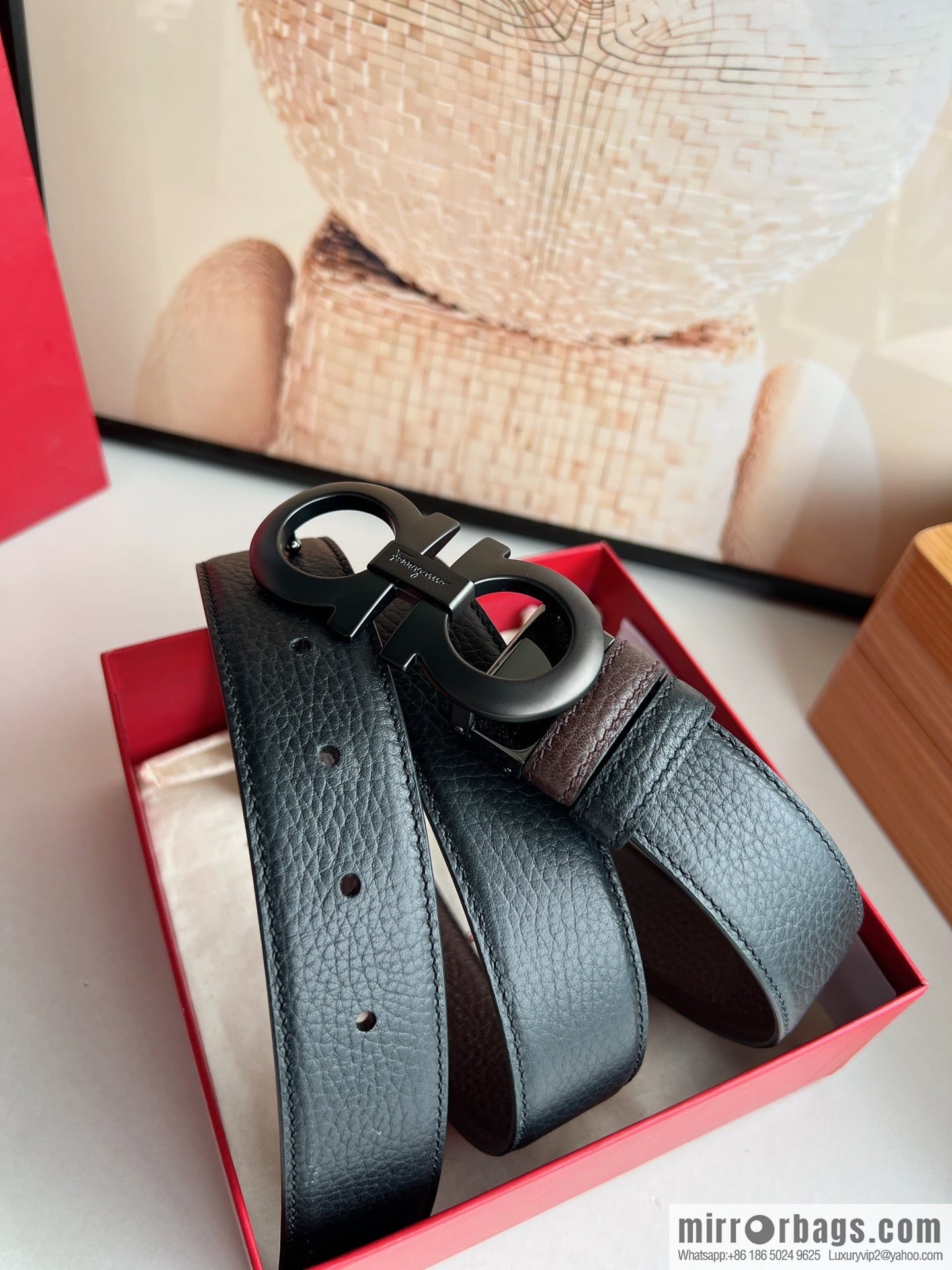 Ferragamo, exquisite figure 8 metal clasp men's 3.5cm waist belt