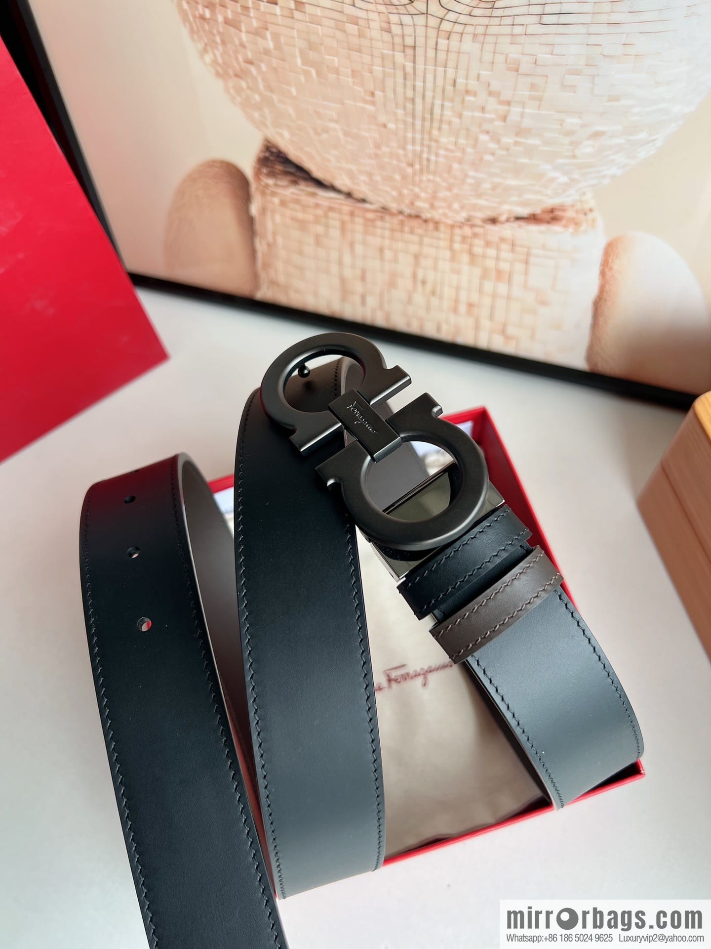 Ferragamo, exquisite figure 8 metal clasp men's 3.5cm waist belt