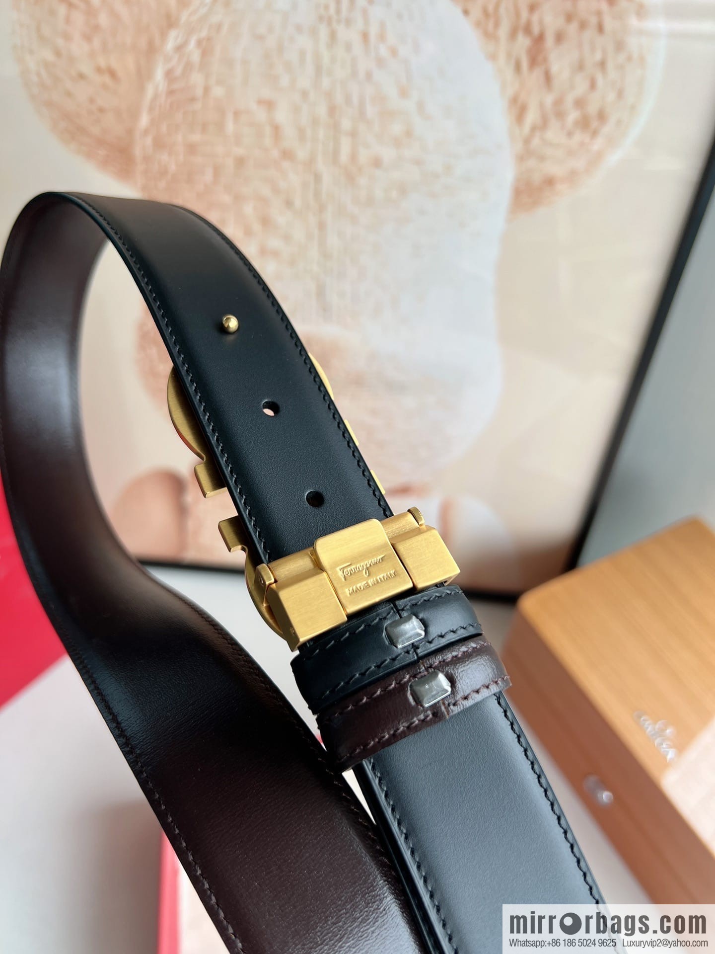 Ferragamo, exquisite figure 8 metal clasp men's 3.5cm waist belt