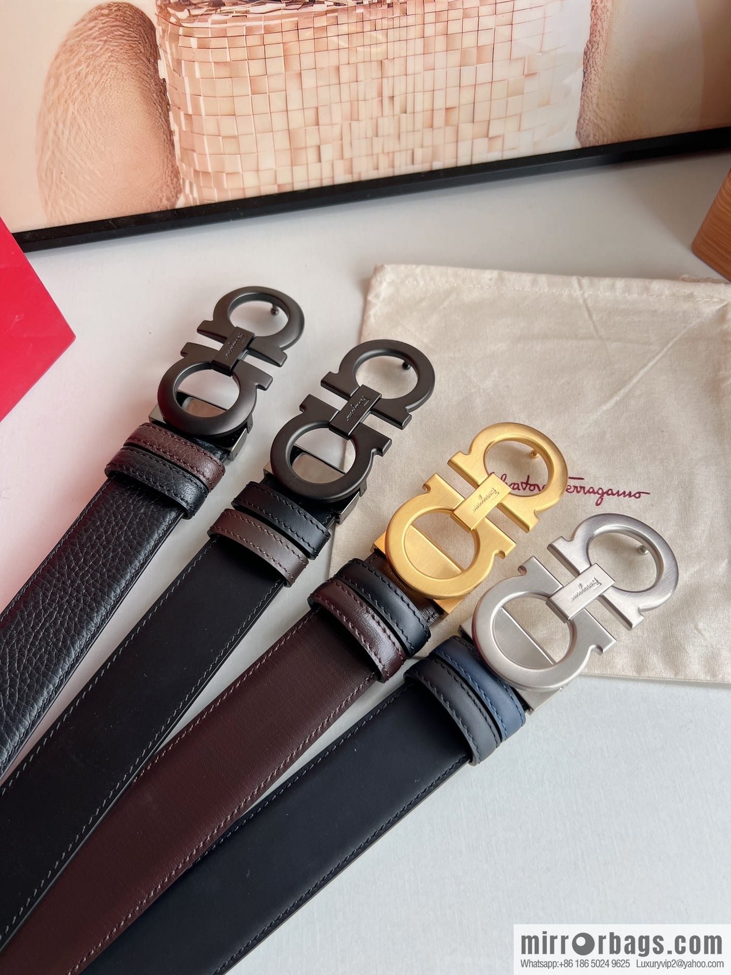 Ferragamo, exquisite figure 8 metal clasp men's 3.5cm waist belt