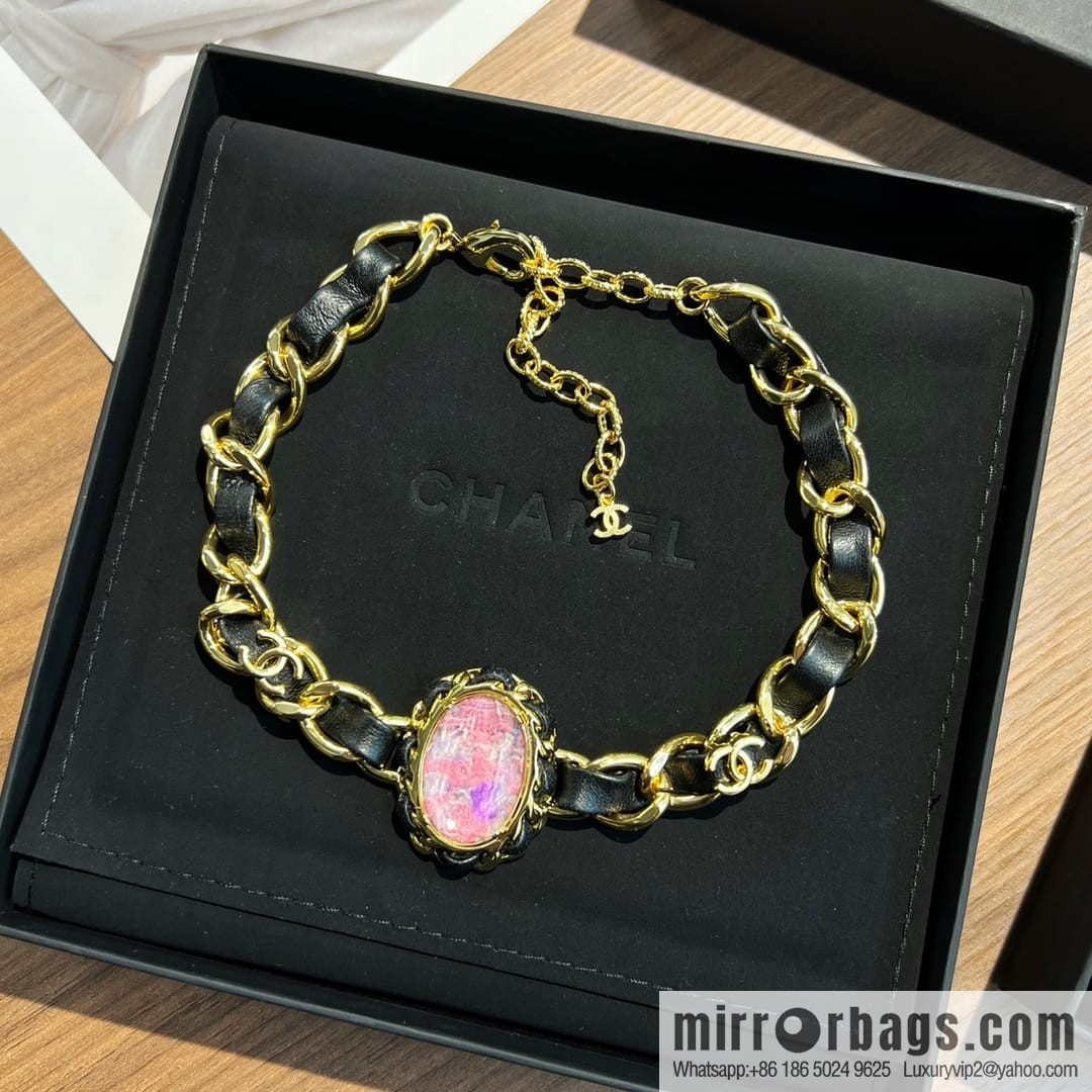 New ☑️ Chanel pink gemstone black leather rope necklace necklace