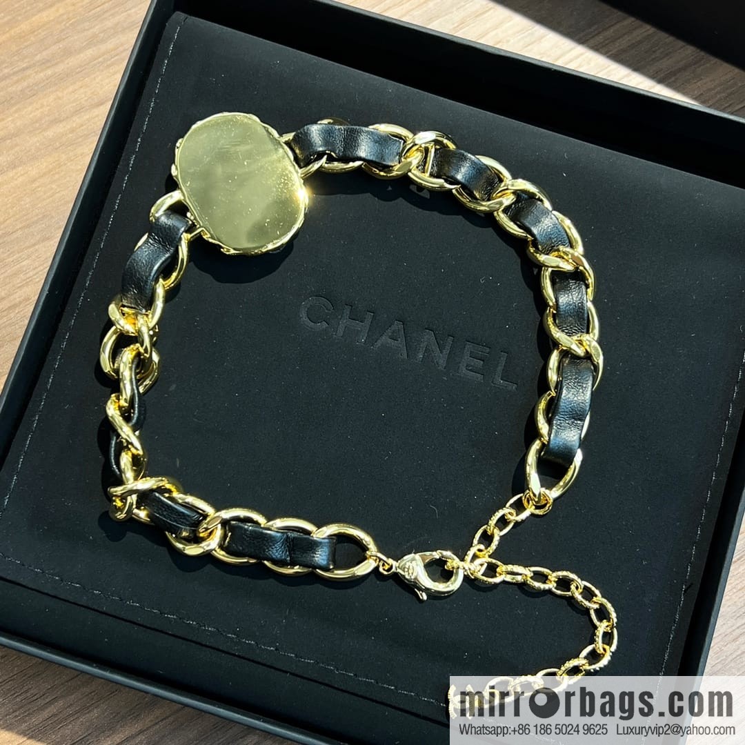 New ☑️ Chanel pink gemstone black leather rope necklace necklace