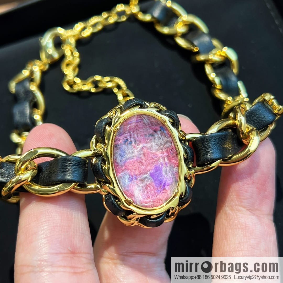 New ☑️ Chanel pink gemstone black leather rope necklace necklace