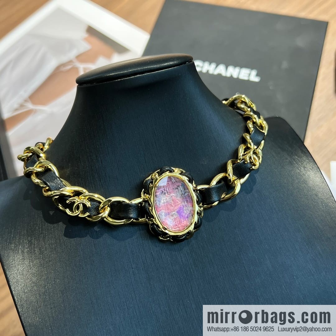 New ☑️ Chanel pink gemstone black leather rope necklace necklace