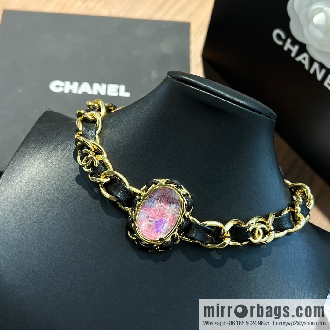 New ☑️ Chanel pink gemstone black leather rope necklace necklace