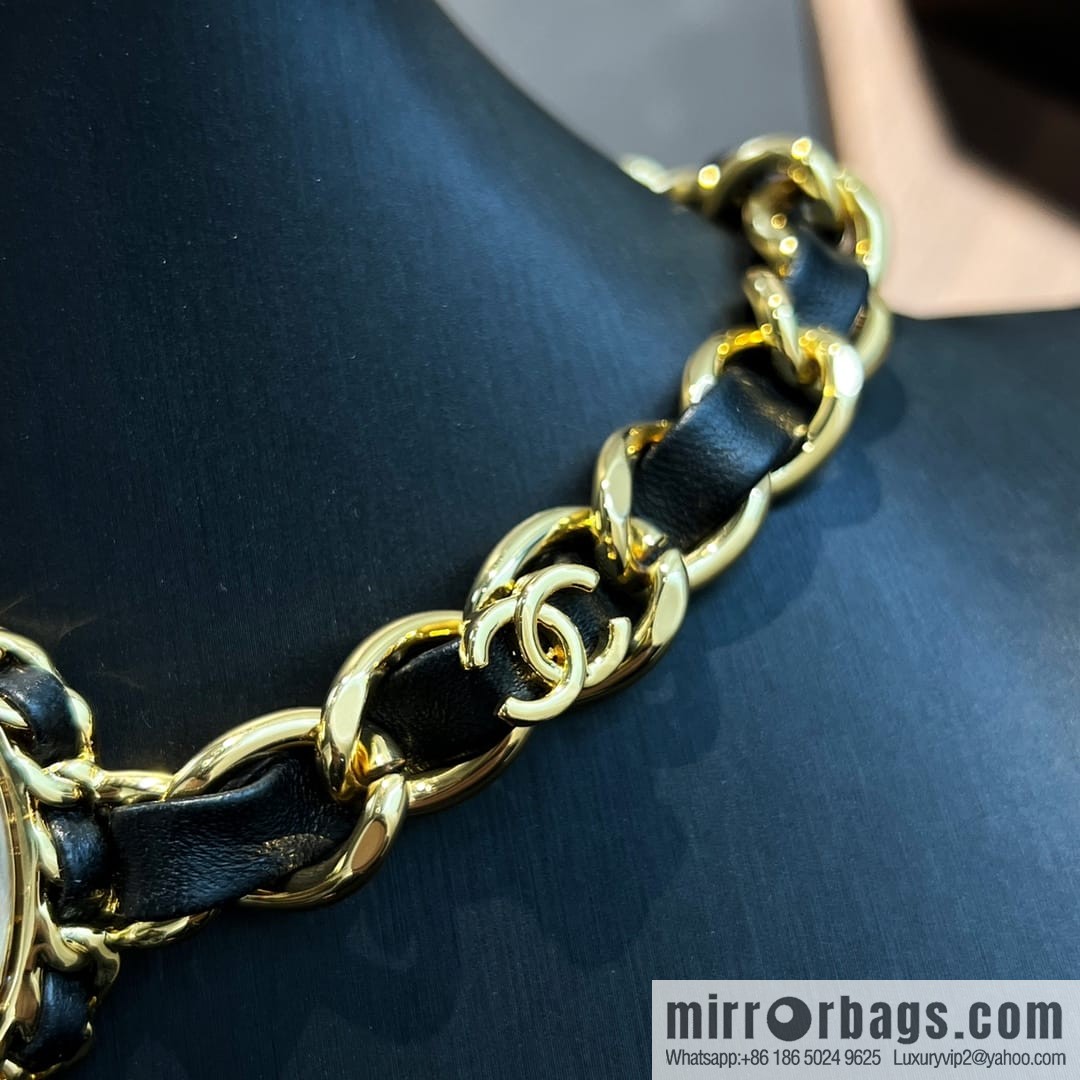 New ☑️ Chanel pink gemstone black leather rope necklace necklace