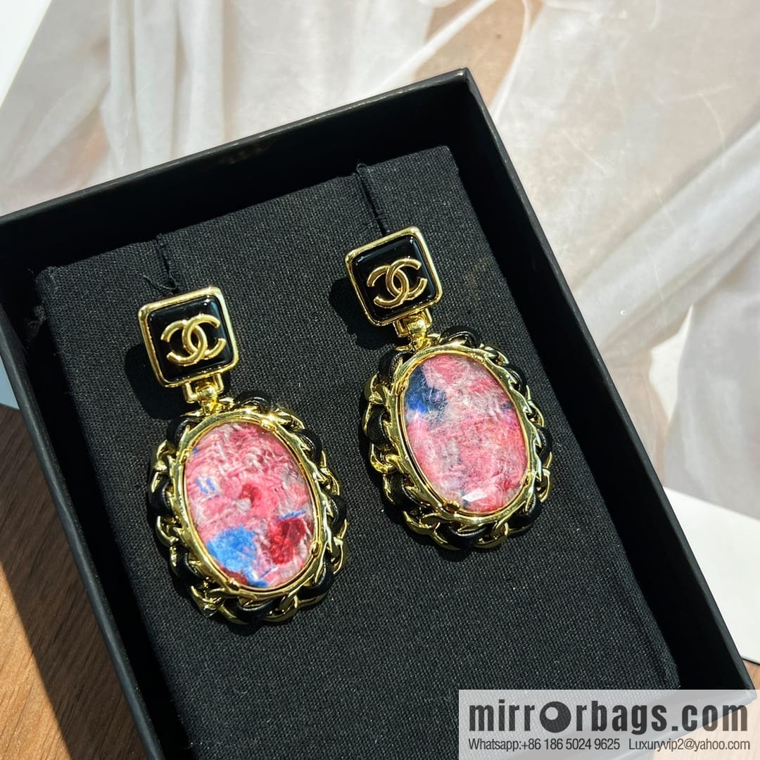 New ☑️ Chanel pink gemstone black leather rope stud earrings