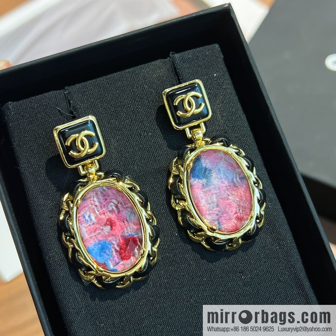 New ☑️ Chanel pink gemstone black leather rope stud earrings